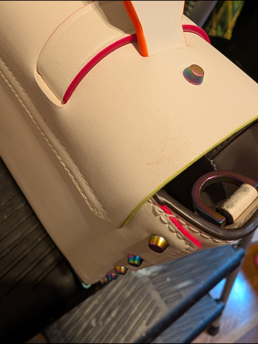 Michael Kors Manhattan Structed Satchel, White with Neon Trim - Picture 11 of 12